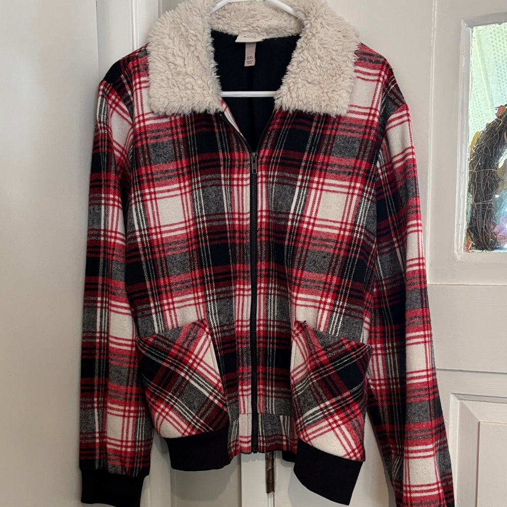 Knox Rose Red and Black Plaid Bomber Jacket with Sherpa Collar